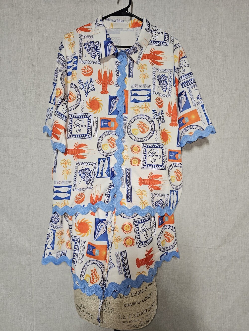 Tropical Nautical Print Button-Front Set in White, Blue & Orange